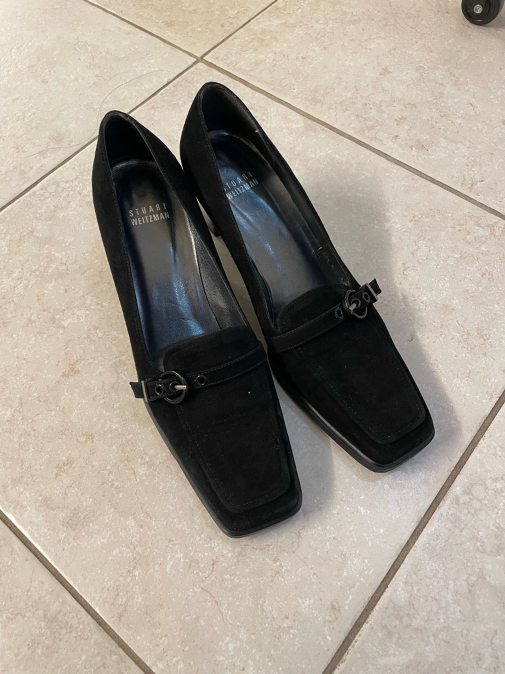 Stuart Weitzman Black Suede Square-Toe healed Loafers with Metal Bit